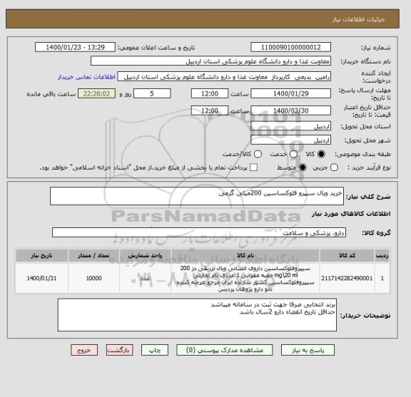 استعلام خرید ویال سیپرو فلوکساسین 200میلی گرمی