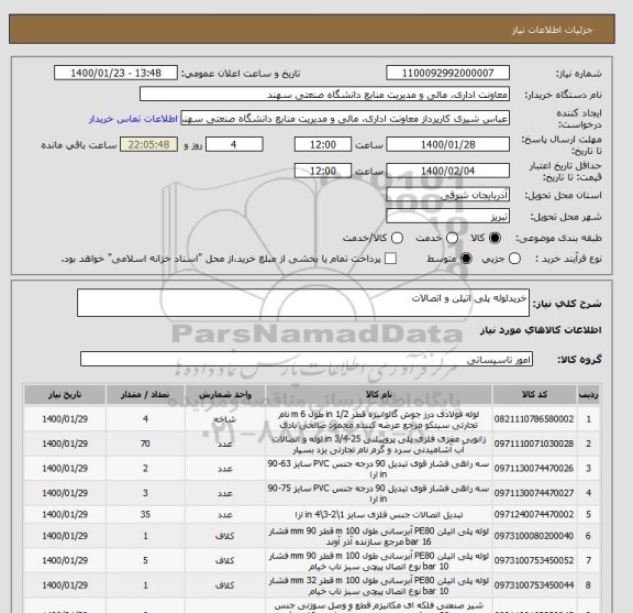 استعلام خریدلوله پلی اتیلن و اتصالات
