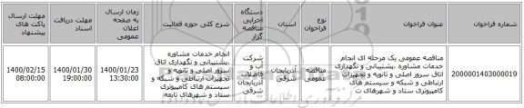 مناقصه عمومی یک مرحله ای انجام خدمات مشاوره ،پشتیبانی و نگهداری اتاق سرور اصلی و ثانویه و تجهیزات ارتباطی و شبکه و سیستم های کامپیوتری ستاد و شهرهای ت