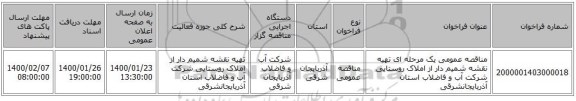 مناقصه عمومی یک مرحله ای تهیه نقشه شمیم دار از املاک روستایی شرکت آب و فاضلاب استان آذربایجانشرقی