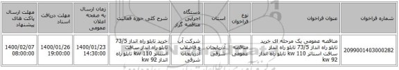 مناقصه عمومی یک مرحله ای خرید تابلو راه انداز 73/5 تابلو راه انداز سافت استاتر 110 kw تابلو راه انداز 92 kw