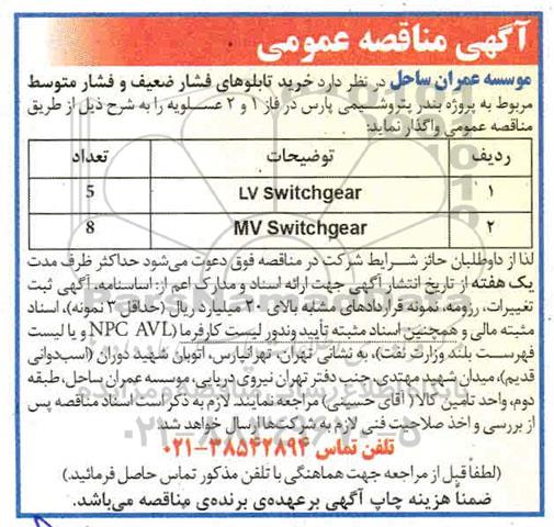 مناقصه , مناقصه خرید تابلوهای فشار ضعیف و فشار متوسط 