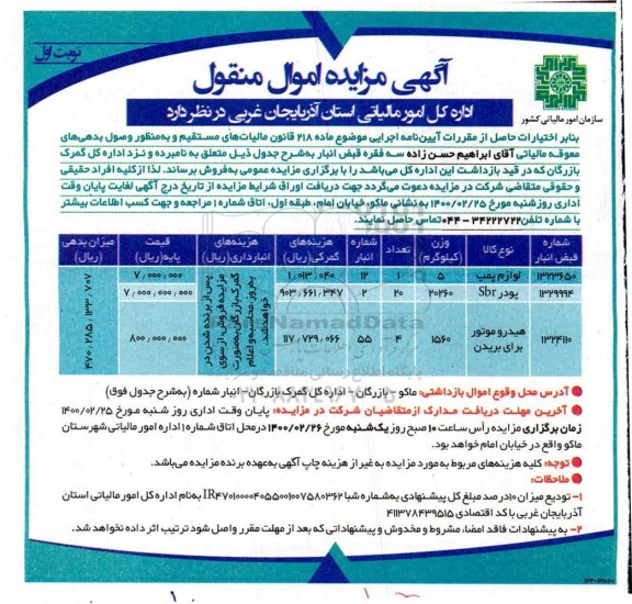 مزایده فروش لوازم پمپ و...