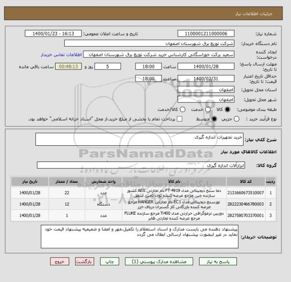 استعلام خرید تجهیزات اندازه گیری