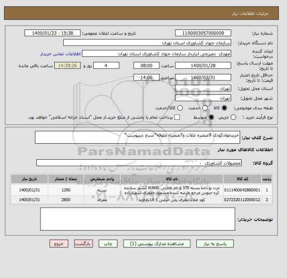 استعلام خریدموادکودی 9عنصره غلات و7عنصره علوفه*شرح درپیوست*