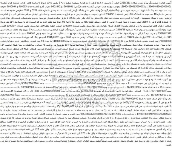 آگهی مزایده ششدانگ پلاک ثبتی به شماره 211 فرعی از 2369 اصلی مفروز