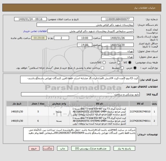 استعلام کیت t3-پنج 5عدد-کیت t4شش 6عدد-ایران گد مشابه است -فقط تامین کنندگان تهرانی پاسخگو باشند-