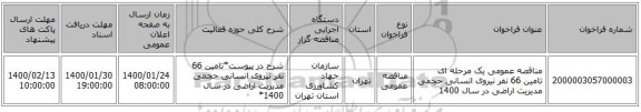 مناقصه عمومی یک مرحله ای تامین 66 نفر نیروی انسانی حجمی مدیریت اراضی  در سال 1400