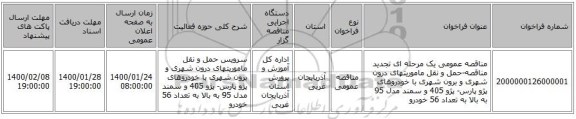 مناقصه عمومی یک مرحله ای تجدید مناقصه-حمل و نقل ماموریتهای درون شهری و برون شهری با خودروهای پژو پارس- پژو 405 و سمند مدل 95 به بالا به تعداد 56 خودرو