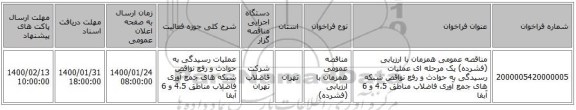 مناقصه عمومی همزمان با ارزیابی (فشرده) یک مرحله ای عملیات رسیدگی به حوادث و رفع نواقص شبکه های جمع آوری فاضلاب مناطق 4،5 و 6 آبفا