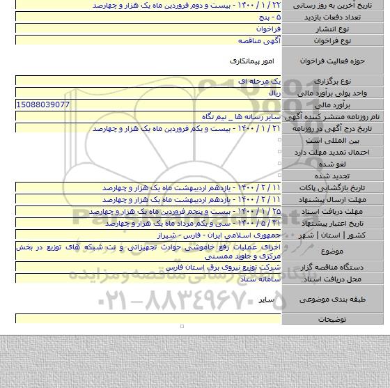 اجرای عملیات رفع خاموشی حوادث تجهیزاتی و نت شبکه های توزیع در بخش مرکزی و جاوید ممسنی