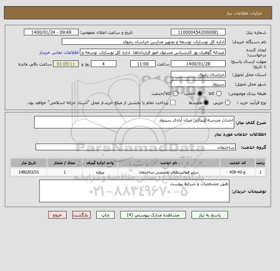 استعلام احداث مدرسه ابتدایی میان آبادی سبزوار