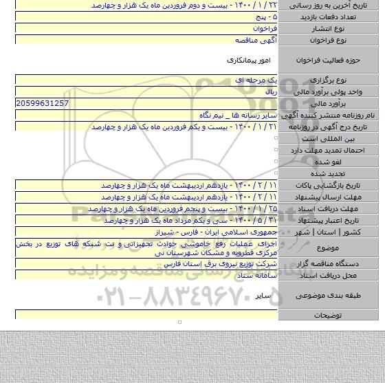 اجرای عملیات رفع خاموشی حوادث تجهیزاتی  و نت شبکه های توزیع در بخش مرکزی قطرویه و مشکان  شهرستان نی
