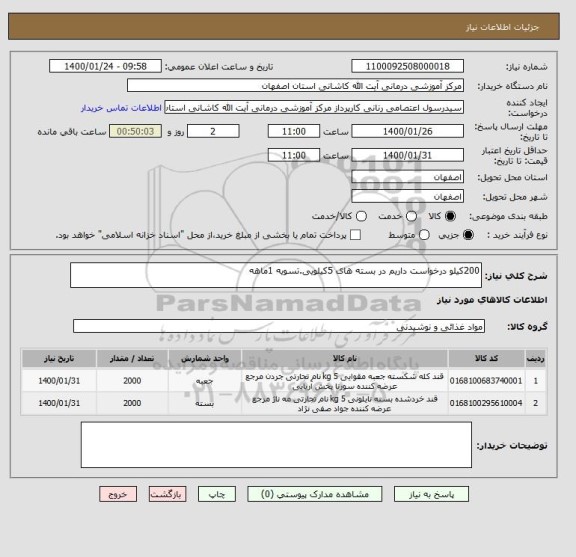 استعلام 200کیلو درخواست داریم در بسته های 5کیلویی.تسویه 1ماهه