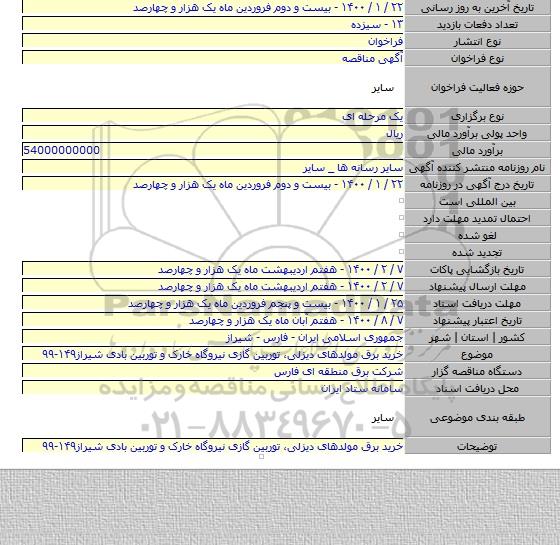 خرید برق مولدهای دیزلی، توربین گازی نیروگاه خارک و توربین بادی شیراز۱۴۹-۹۹