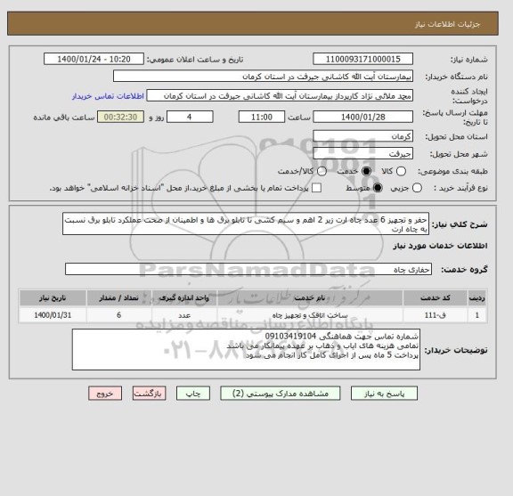 استعلام حفر و تجهیز 6 عدد چاه ارت زیر 2 اهم و سیم کشی تا تابلو برق ها و اطمینان از صحت عملکرد تابلو برق نسبت به چاه ارت