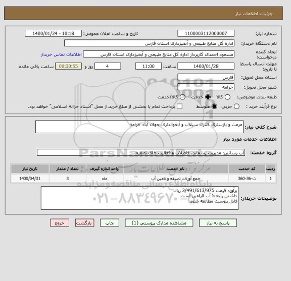 استعلام مرمت و بازسازی کنترل سیلاب و آبخوانداری جهان آباد خرامه