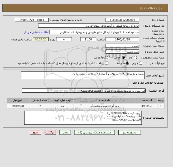 استعلام مرمت و بازسازی کنترل سیلاب و آبخوانداری چاه سبز زرین دشت