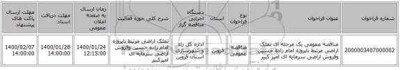 مناقصه عمومی یک مرحله ای تملک اراضی مرتبط باپروژه امام زاده حسین وفروش اراضی  سرمایه ای امیر کبیر
