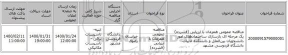 مناقصه عمومی همزمان با ارزیابی (فشرده) یک مرحله ای بازسازی ساختمان‌های امور دانشجویان بین‌الملل و دانشکده ادبیات دانشگاه فردوسی مشهد