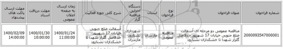 مناقصه عمومی دو مرحله ای آسفالت ضلع جنوبی خیابان 17 شهریور حدفاصل گلزار شهدا تا خشکداران نشتارود