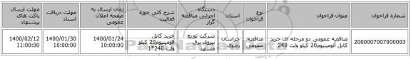 مناقصه عمومی دو مرحله ای خرید کابل آلومینیوم20 کیلو ولت  240
