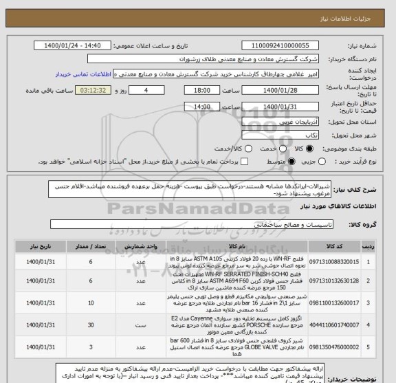 استعلام شیرالات-ایرانکدها مشابه هستند-درخواست طبق پیوست -هزینه حمل برعهده فروشنده میباشد-اقلام جنس مرغوب پیشنهاد شود-