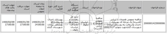 مناقصه عمومی همزمان با ارزیابی (فشرده) یک مرحله ای بهسازی ،احداث وآسفالت راه روستایی زیرجان شهرستان گنابادنوبت چهارم 1400/31/7