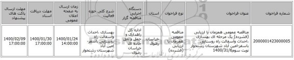 مناقصه عمومی همزمان با ارزیابی (فشرده) یک مرحله ای بهسازی ،احداث وآسفالت راه روستایی باسفر-امین آباد شهرستان رشتخوار نوبت سوم1400/31/6