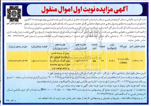 مزایده پانل درب با متعلقات
