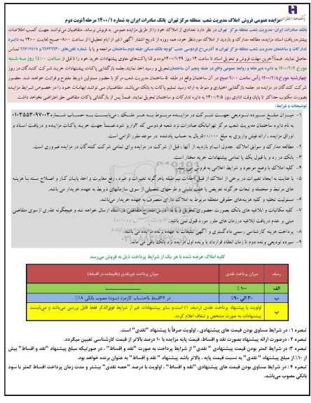 مزایده، مزایده فروش املاک کاربری مسکونی و تجاری نوبت دوم 