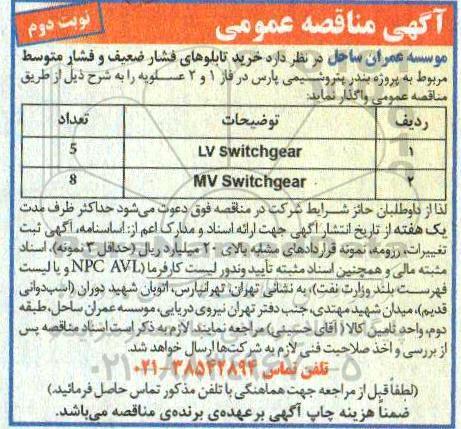 مناقصه خرید تابلوهای فشار ضعیف و فشار متوسط نوبت دوم 