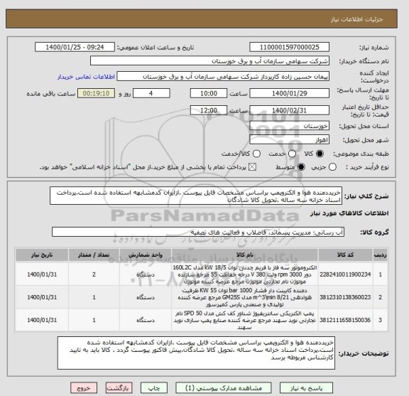 استعلام خریددمنده هوا و الکتروپمپ براساس مشخصات فایل پیوست .ازایران کدمشابهه استفاده شده است.پرداخت اسناد خزانه سه ساله .تحویل کالا شادگان