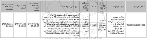 مناقصه عمومی همزمان با ارزیابی (فشرده) یک مرحله ای اجرای قرق و مدیریت چرا در سطح مراتع شهرستان های کرج ساوجبلاغ طالقان