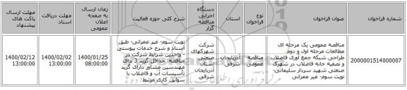 مناقصه عمومی یک مرحله ای مطالعات مرحله اول و دوم طراحی شبکه جمع آوری فاضلاب و تصفیه خانه فاضلاب در شهرک صنعتی شهید سردار سلیمانی-نوبت سوم- غیر عمرانی