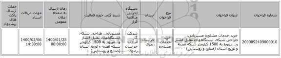 خرید خدمات مشاوره مسیریابی، طراحی شبکه، ایستگاههای تقلیل فشار و...مربوط به 1500 کیلومتر شبکه تغذیه و توزیع استان (صنایع و روستایی)
