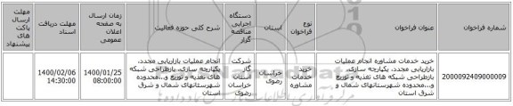 خرید خدمات مشاوره انجام عملیات بازاریابی مجدد، یکپارچه سازی، بازطراحی شبکه های تغذیه و توزیع و...محدوده شهرستانهای شمال و شرق استان