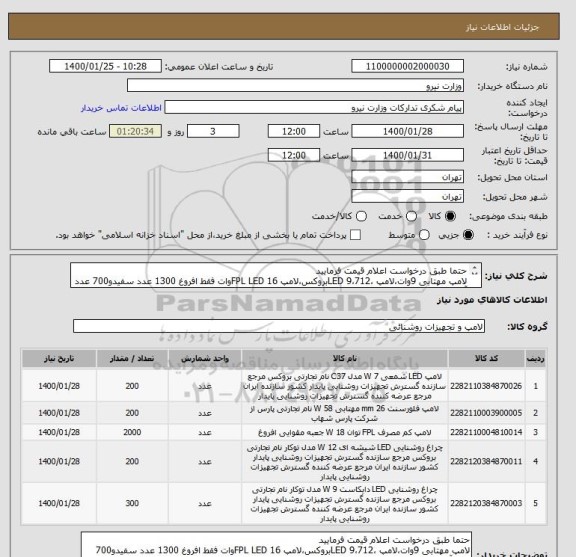 استعلام حتما طبق درخواست اعلام قیمت فرمایید
لامپ مهتابی 9وات،لامپ ،9،712 LEDبروکس،لامپ FPL LED 16وات فقط افروغ 1300 عدد سفیدو700 عدد آفتابی