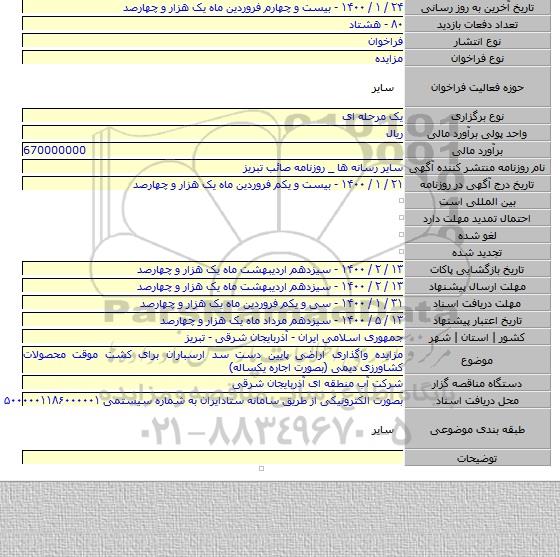 مزایده واگذاری اراضی پایین دست سد ارسباران برای کشت موقت محصولات کشاورزی دیمی (بصورت اجاره یکساله)