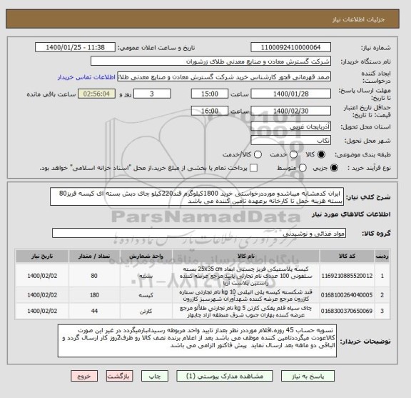 استعلام  ایران کدمشابه میباشدو مورددرخواستی خرید 1800کیلوگرم قند220کیلو چای دبش بسته ای کیسه فریز80 بسته هزینه حمل تا کارخانه برعهده تامین کننده می باشد