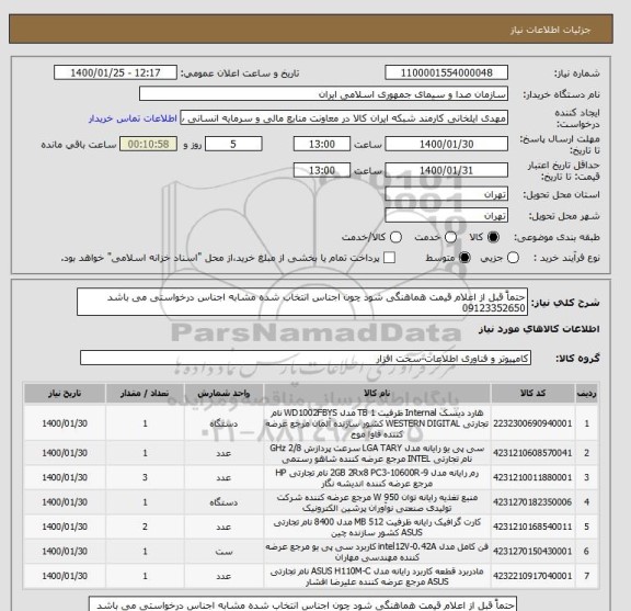 استعلام حتماً قبل از اعلام قیمت هماهنگی شود چون اجناس انتخاب شده مشابه اجناس درخواستی می باشد 09123352650