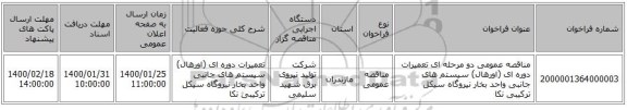 مناقصه عمومی دو مرحله ای تعمیرات دوره ای (اورهال) سیستم های جانبی واحد بخار   نیروگاه سیکل ترکیبی نکا