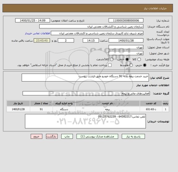 استعلام خرید خدمت بیمه بدنه 91 دستگاه خودرو طبق لیست پیوست