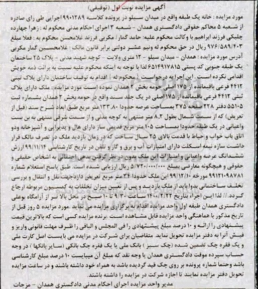 مزایده،مزایده ملک پلاک ثبتی 4412 فرعی از 175 اصلی نوبت اول 
