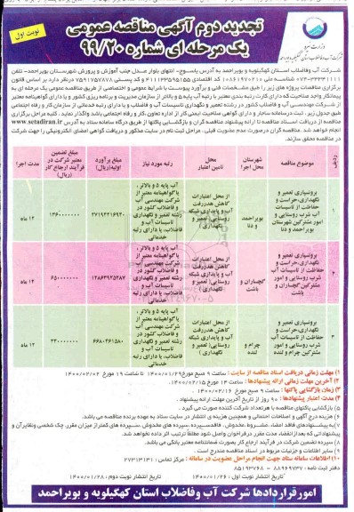 تجدید دوم مناقصه، تجدید دوم مناقصه برونسپاری تعمیر و نگهداری، حراست و حفاظت از تاسیسات آب شرب