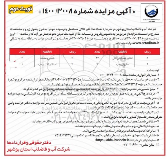 مزایده, مزایده فروش تعداد 58 قلم کالای مستعمل و فرسوده - نوبت دوم 