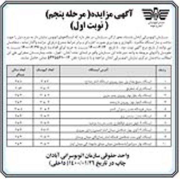 مزایده، مزایده واگذاری ایستگاههای اتوبوس سایبان دار... - مرحله پنجم نوبت اول 