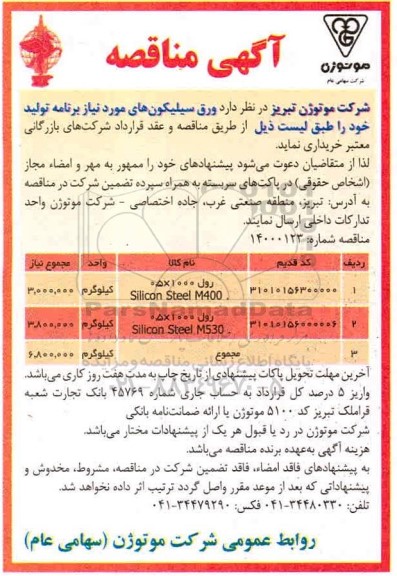 مناقصه ورق سیلیکون های 