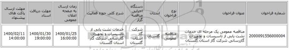 مناقصه عمومی یک مرحله ای خدمات نشت یابی از تاسیسات و تجهیزات گازرسانی شرکت گاز استان گلستان