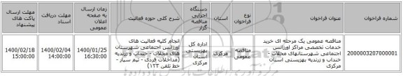 مناقصه عمومی یک مرحله ای خرید خدمات تخصصی مراکز اورژانس اجتماعی شهرستانهای محلات - خنداب و زرندیه بهزیستی استان مرکزی